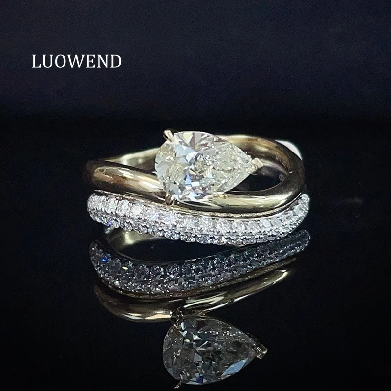 LUOWEND 100% 18K White+Yellow Gold Rings Women Luxury Double Layer Design Real Natural Diamond Engagement Ring Fine Jewelry