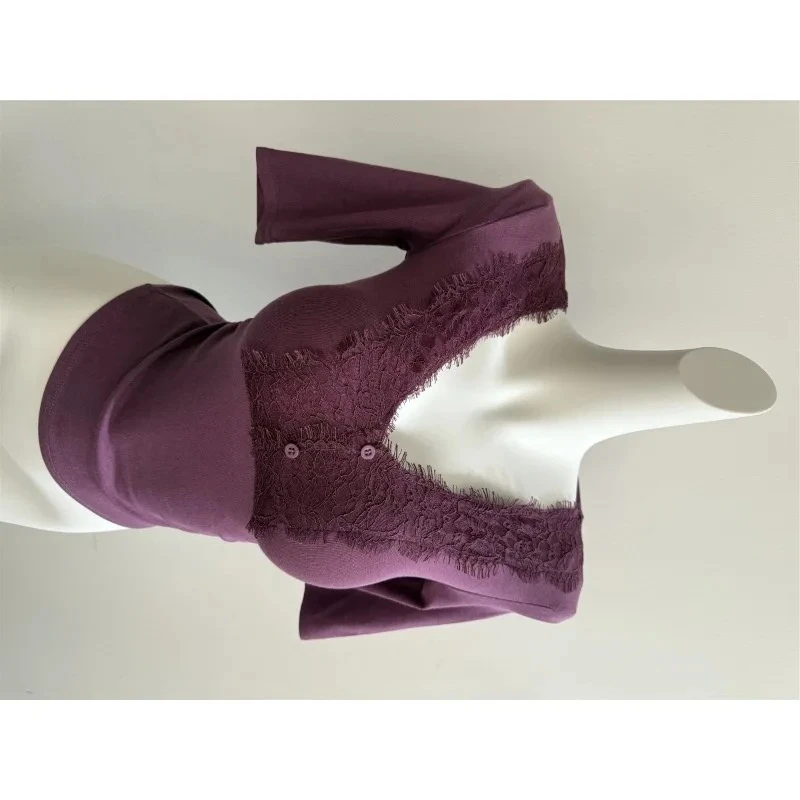 

Lace Patchwork V-neck Short-sleeve T-shirt for Women New Versatile Slim Elegant Cropped Top T Shirts Women Clothing Y2k Top