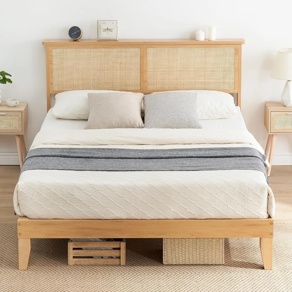 

Queen's Bedstead with Natural Rattan Headboard, Queen's Bedstead with LED Light, Solid Wood Foundation with Mute Flat Noodles