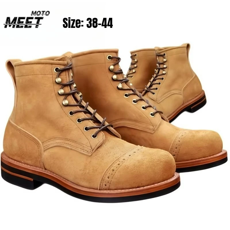 Men's Beige Faux Suede Vintage Work Boots, Short Shaft Round Toe Non-slip Lace-up Ankle Boots for Hiking & Motorcycle Riding