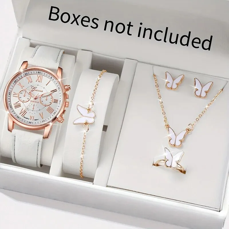 6PCS Fashion Women Watches Ladies Business White Leather Quartz Watch Womens Butterfly Necklace Earrings Bracelet Wristwatch