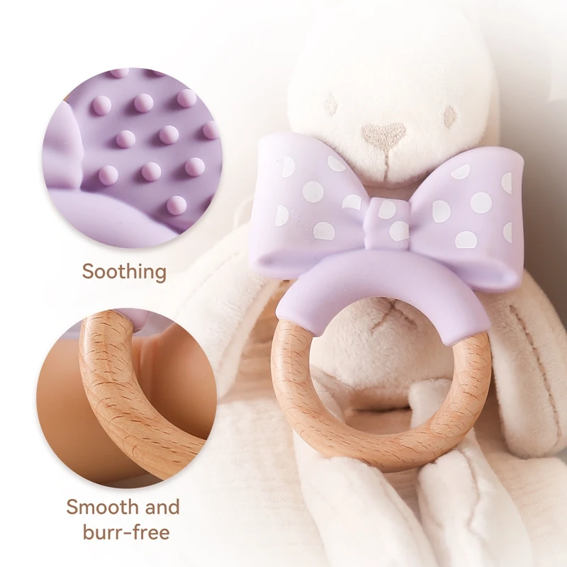 Baby Silicone Teether Toys Food Grade Silicone Bow Wooden Ring Bracelet Teething Toys For Baby Soothing Tooth Chew Teething Toys