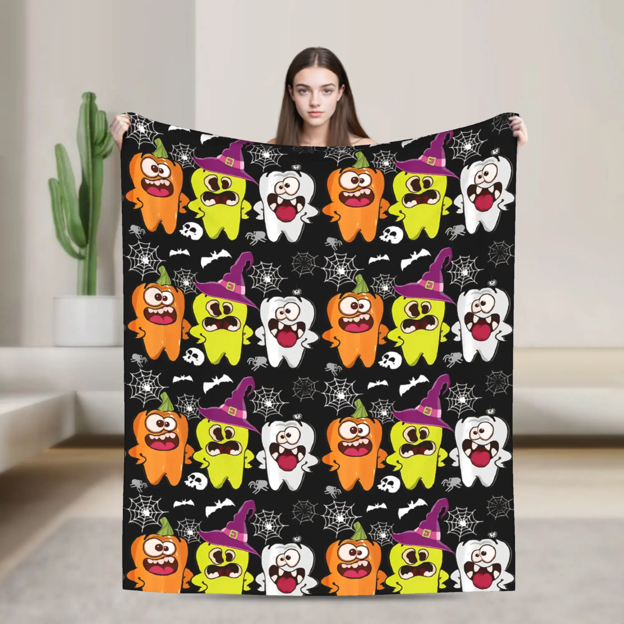 Ghost Witch Tooth Doctor  Blanket Coral Fleece Plush Spring/Autumn Cartoon Teeth Helloween Portable Warm Throw Blankets Quilt