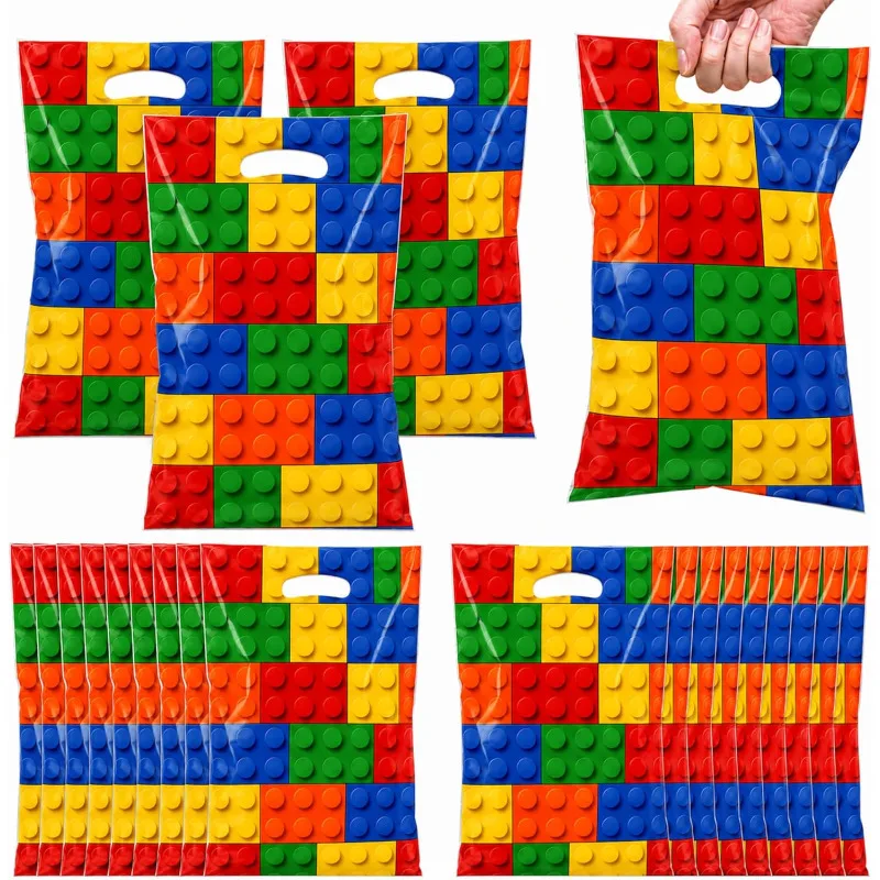 Sacs cadeaux pour fête d'anniversaire sur le thème des blocs de construction, sacs à friandises, fournitures de fête, décorations, sacs cadeaux pour les célébrations et événements sur le thème de Lego