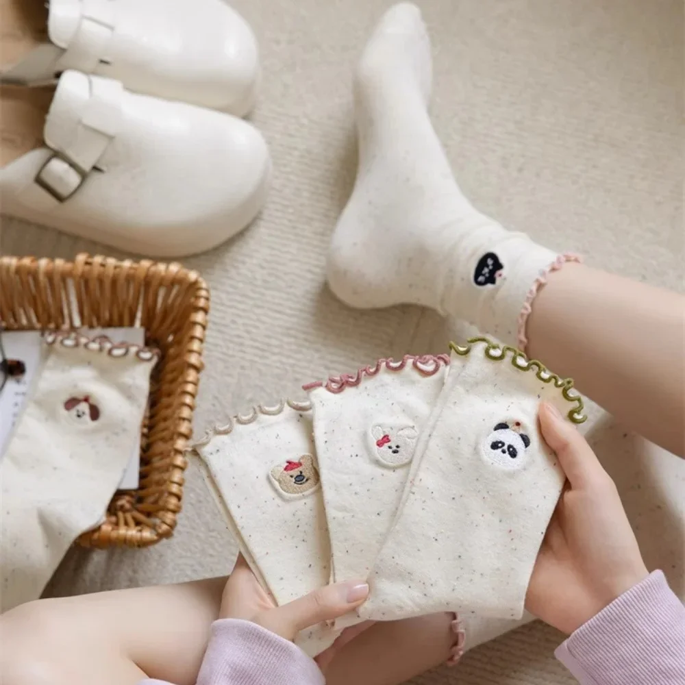 لينة فضفاضة الفم Sokken التطريز الباندا الكلب القط الأرنب الدب الجوارب للفتيات العقص مكدسة الموتير Selvedge #1