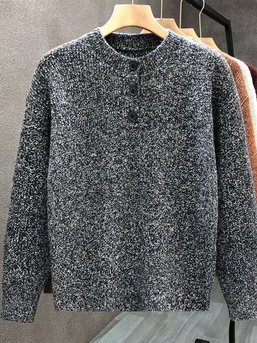 

Мужской вязаный свитер с круглым вырезом и пуговицами, винтажный, свободного кроя, осенне-зимний, базовый слой, теплый, с длинными рукавами, повседневная одежда