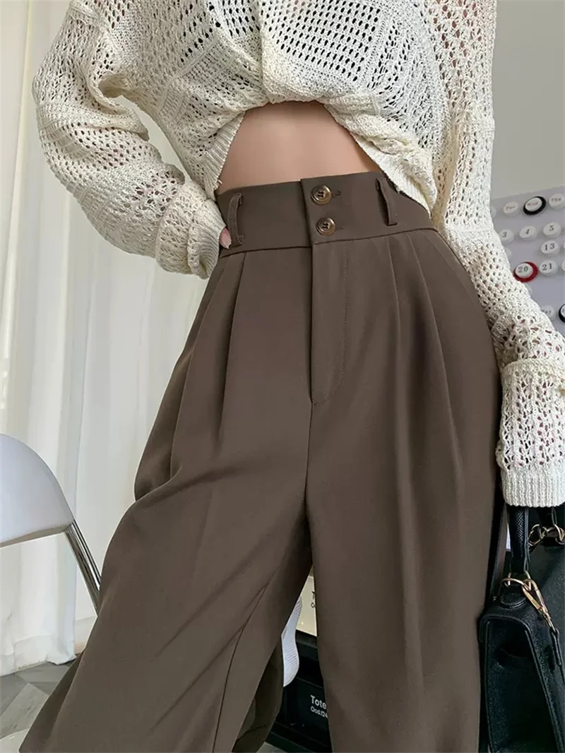 Khaki High Waist Wide Leg Pants Women's Clothing Spring Autumn Casual Slim Straight Pants Double Button Casual Suit Pants bd743