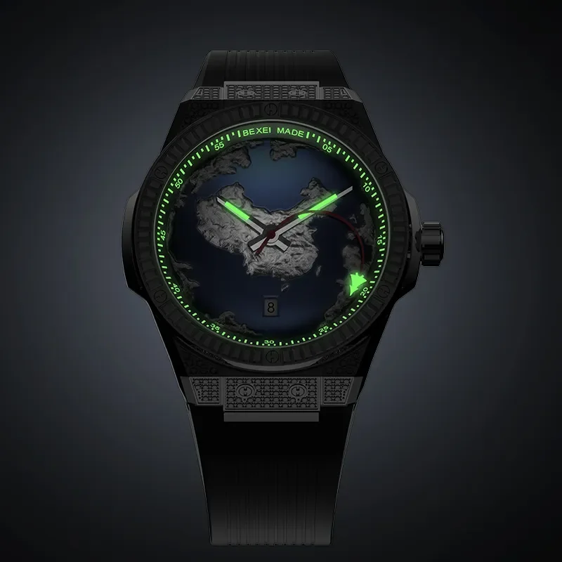 Bexei Automatik-Herrenuhr 9180, Zifferblatt mit Erde und Meer, mechanisches Skelettwerk, leuchtende Uhren für Herren, wasserdicht, mit Kalender