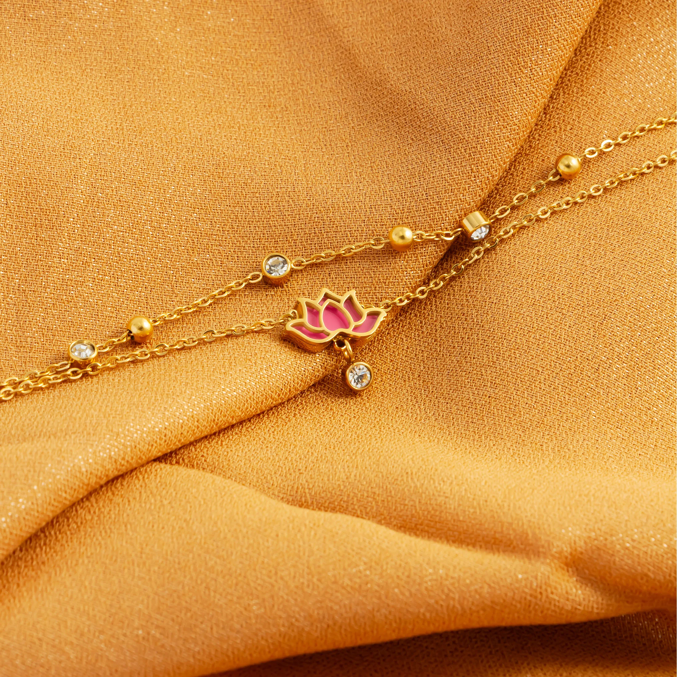 Multi layer zirconia stainless steel chain white pink lotus pendant women\'s fashionable jewelry gift summer beach ankle chain
