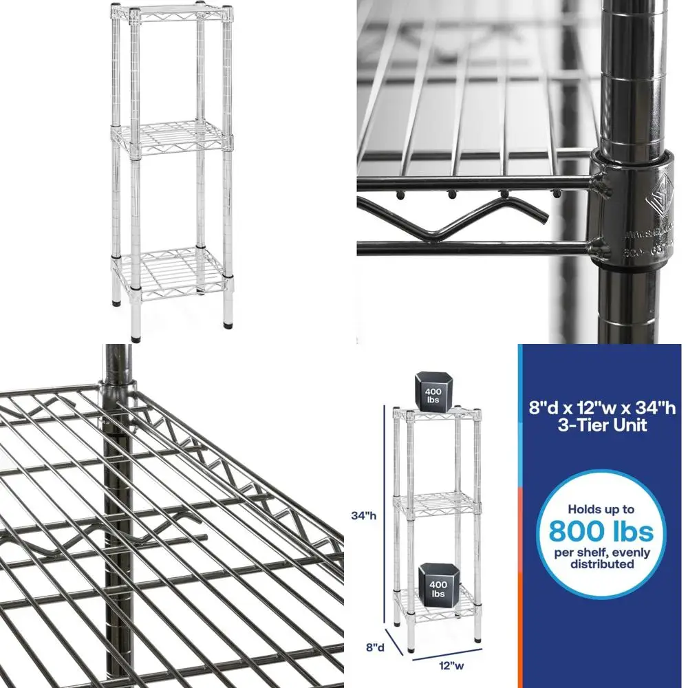 Chrome Wire Shelving 3-Tier, 8 Deep x 12 Wide, 800lbs Weight Capacity, Heavy Duty Storage Racks