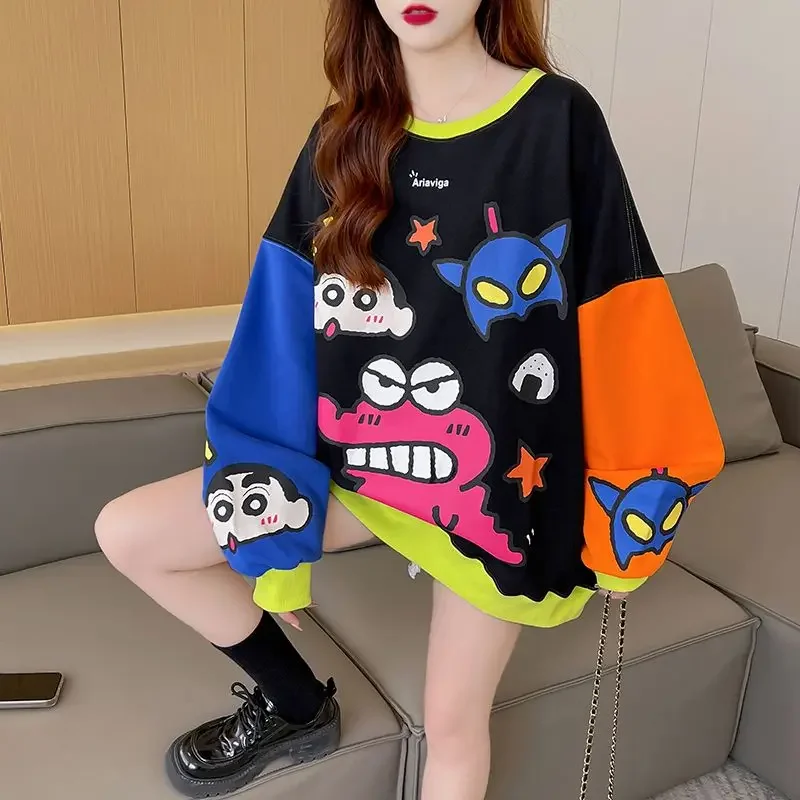 Cartoon new 2024 autumn Korean  hoodie women's coat round neck contrasting printed top fashionable  women's fashion trend