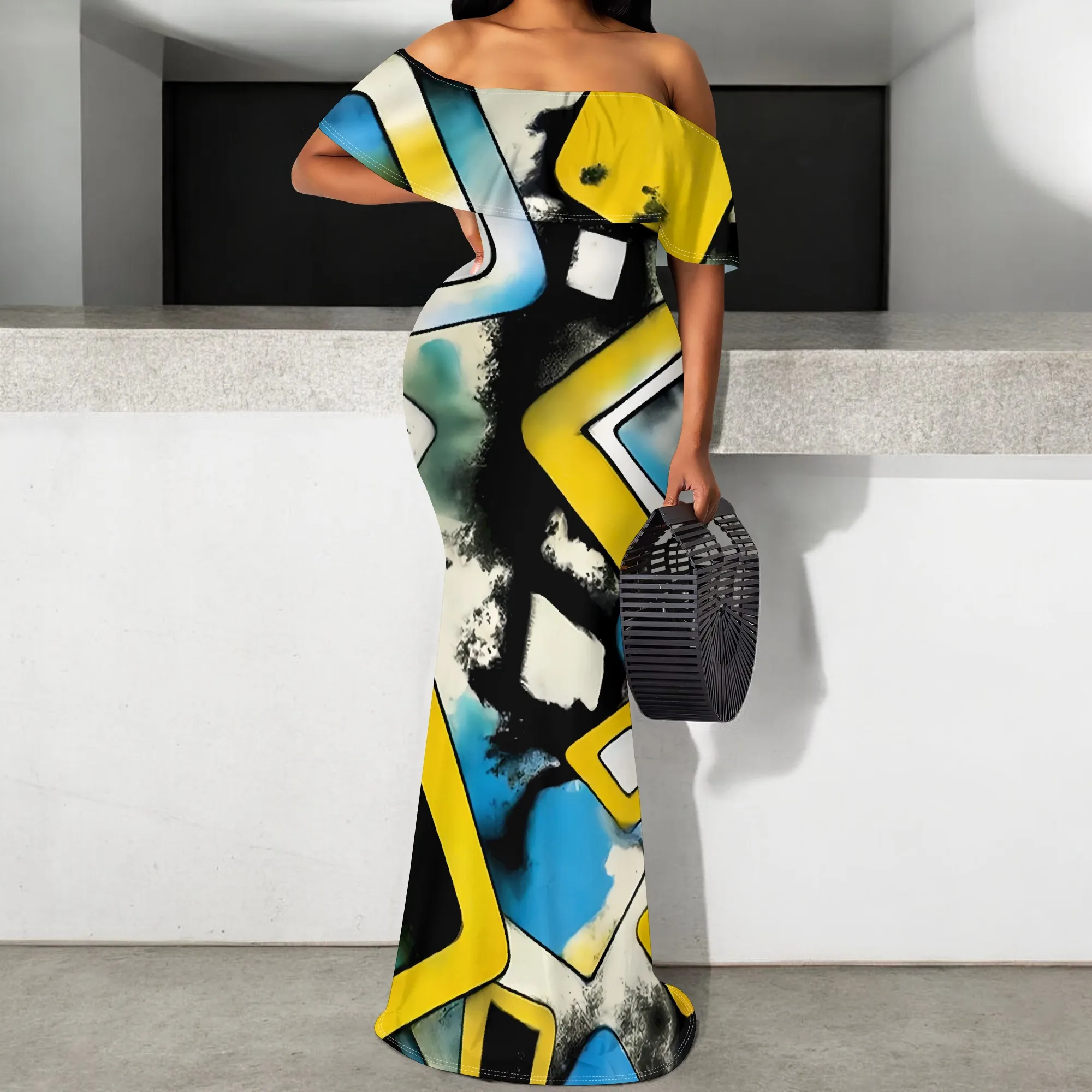 

Abstract Geometric Maxi Dress S‑3XL Off Shoulder Ruffle Hem Bodycon for Art Festival, Nightclub or Summer Vacation