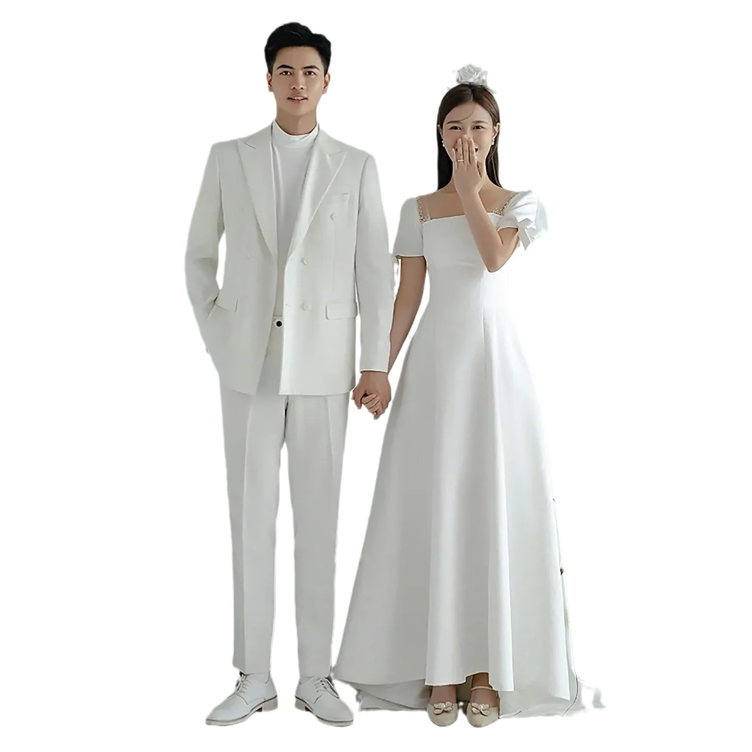 French Light Wedding Dress Satin Simple Small Trailing Korean Studio Theme Couple Taking Pictures Evening White for Women