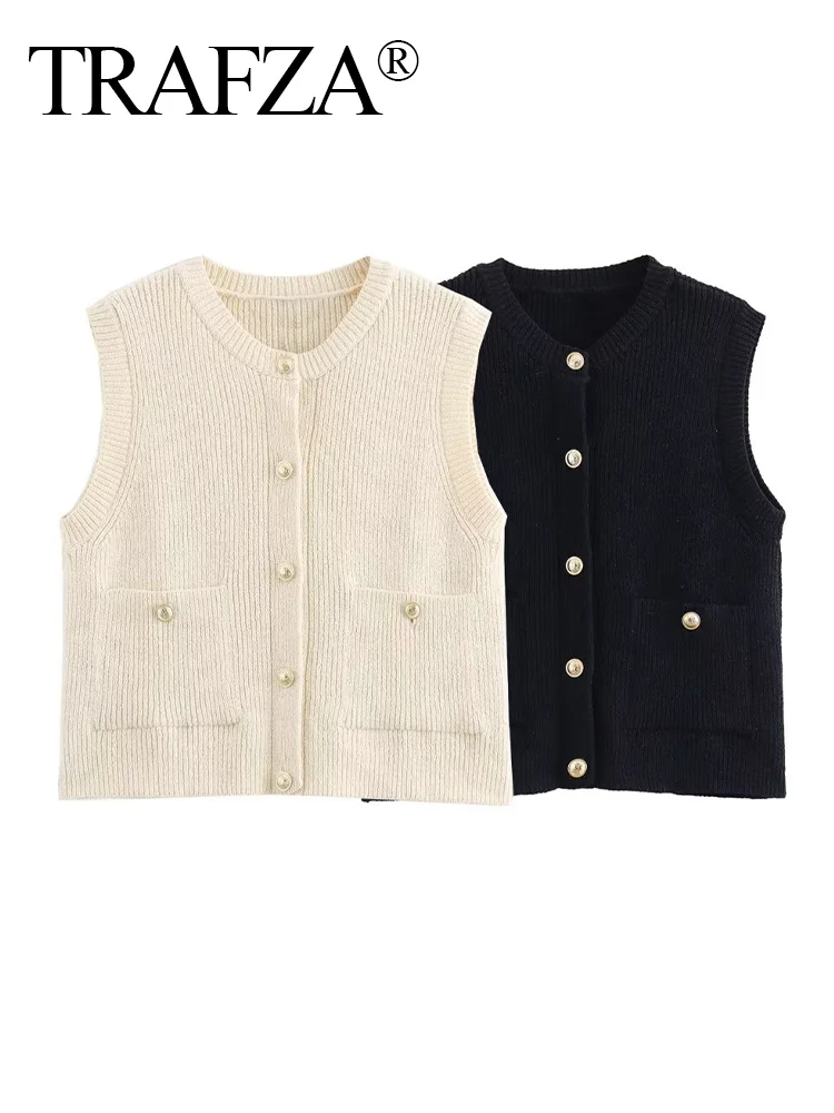 TRAFZA Women Fashion Crew Neck Sleeveless Single-Breasted Double Pocket Sweater Vest Female Elegant Street Casual 2-Color Tops