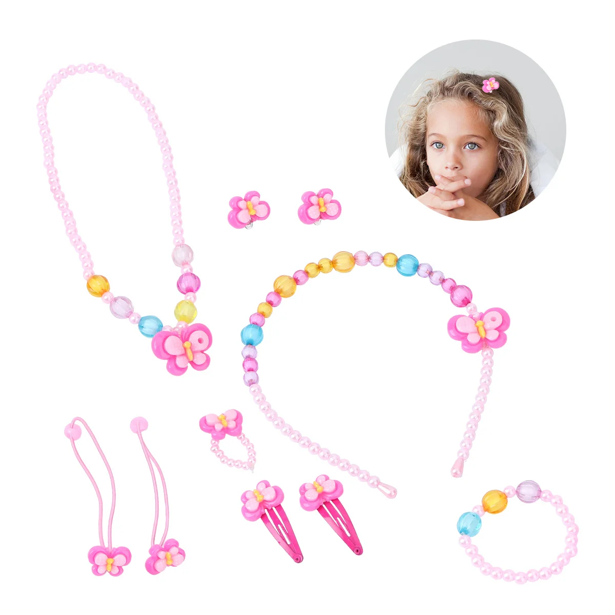 Conjunto de pulseira e colar de borboleta colorida, joias elásticas de acrílico para bebês, meninas, crianças, lembranças para festa, presente, acessório de foto