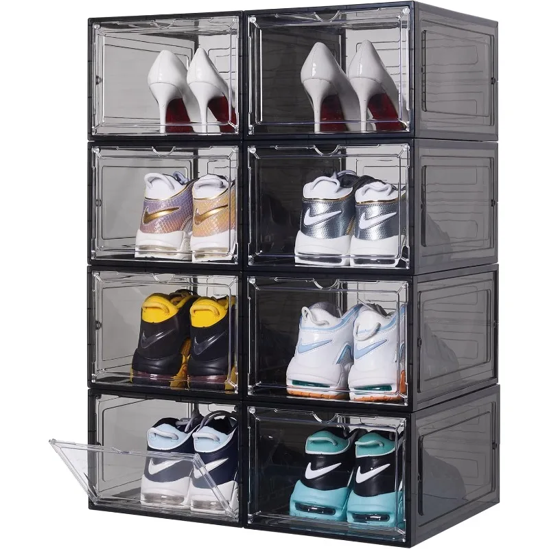 

Upgrade 8 Pack X-Large Shoe Storage Boxes with Clear Magnetic Doors Stackable Shoe Organizer with Solid Plastic Drop Front Shoe