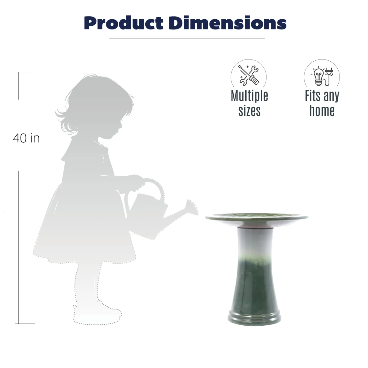 Handmade glazed ceramic bird bath, 17" concentric ripple embossed tray & 18" pedestal base, white to sage green ombre gradient glaze outdoor bird feeder for yard, lawn, patio & backyard