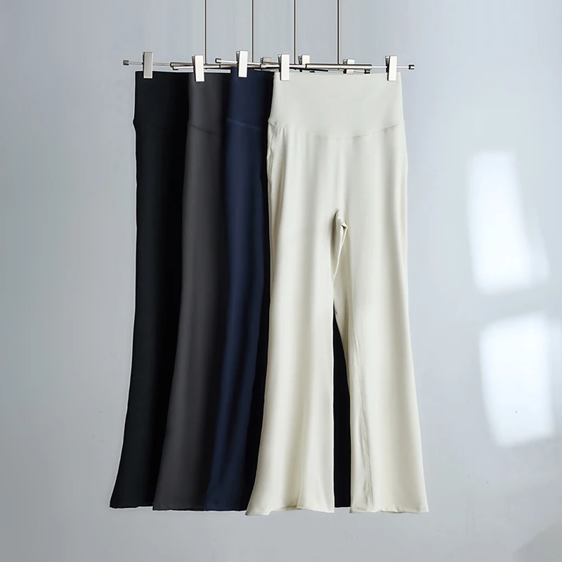 하이웨이스트 슬림핏 편안한 얇은 요가 스포츠 캐주얼 팬츠 여성용 미디길이 마이크로 플레어 팬츠