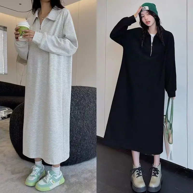 Spring Autumn New Plus Size Zipper T Shirt Dress Long Sleeve Solid Loose Simplicity Casual Dresses Fashion Vintage Women Clothes