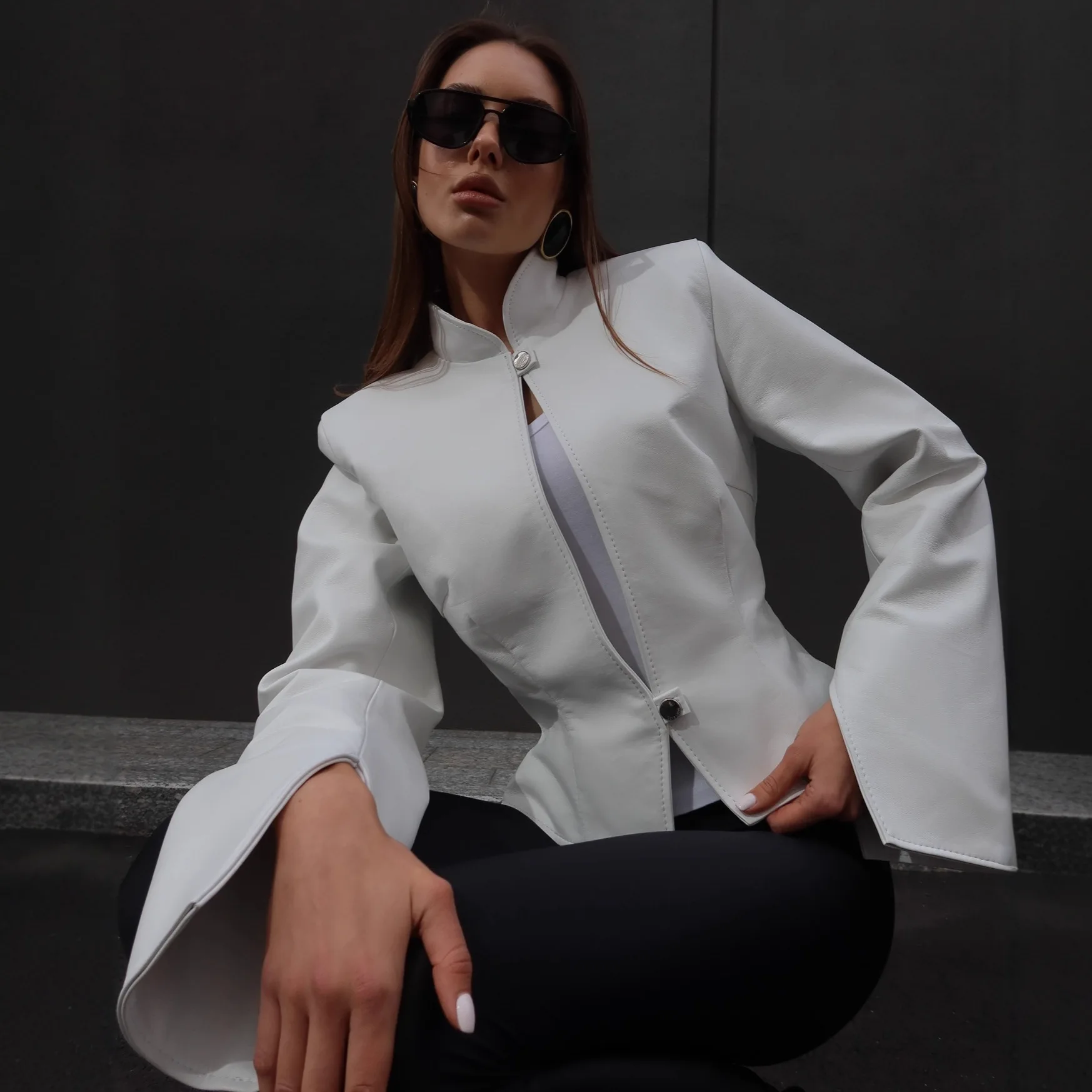 

BJTZ 2026 Spring Autumn Women Stand Collar Solid Faux Leather Jacket Slim Fit Short Outerwear Coat