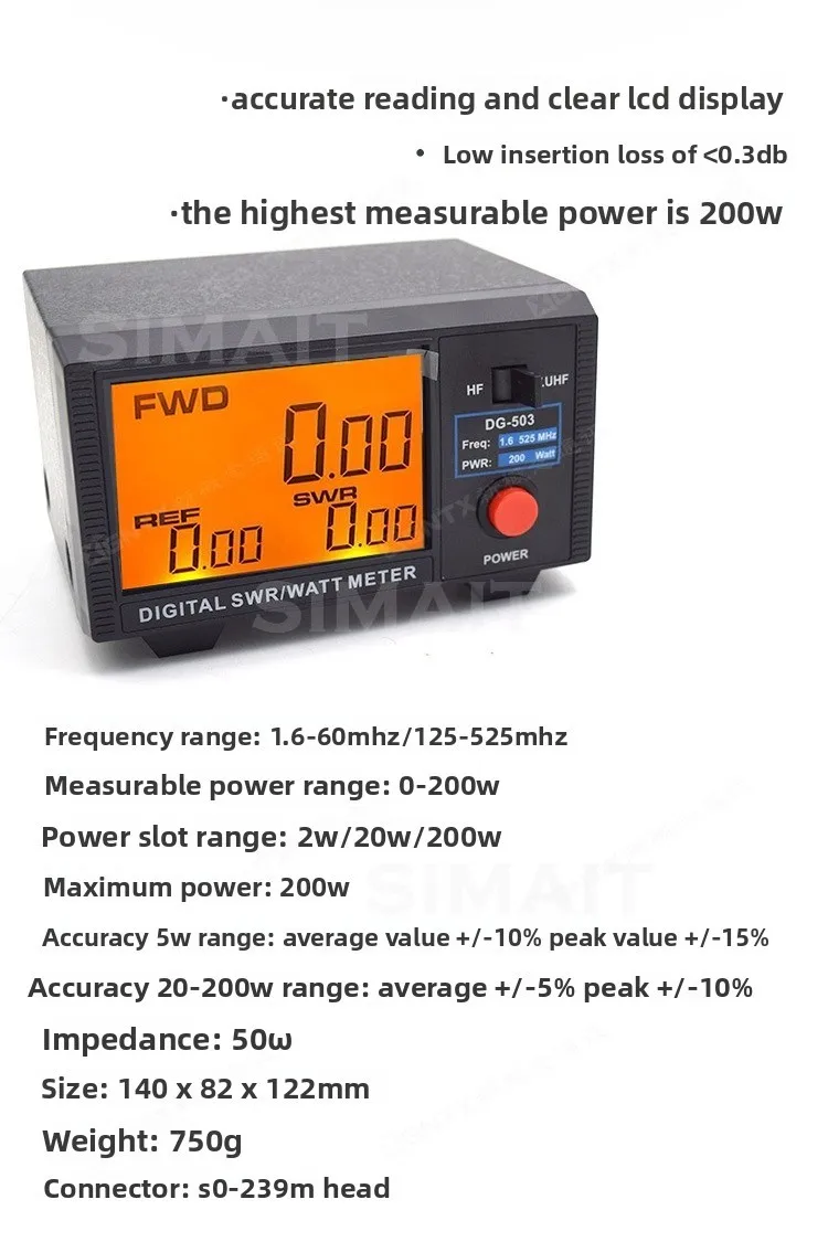FOR NISSEI DG-503 Digital SWR/Watt Meter 3.5" LCD 1.6-60MHz/125-525MHz 200W view 5