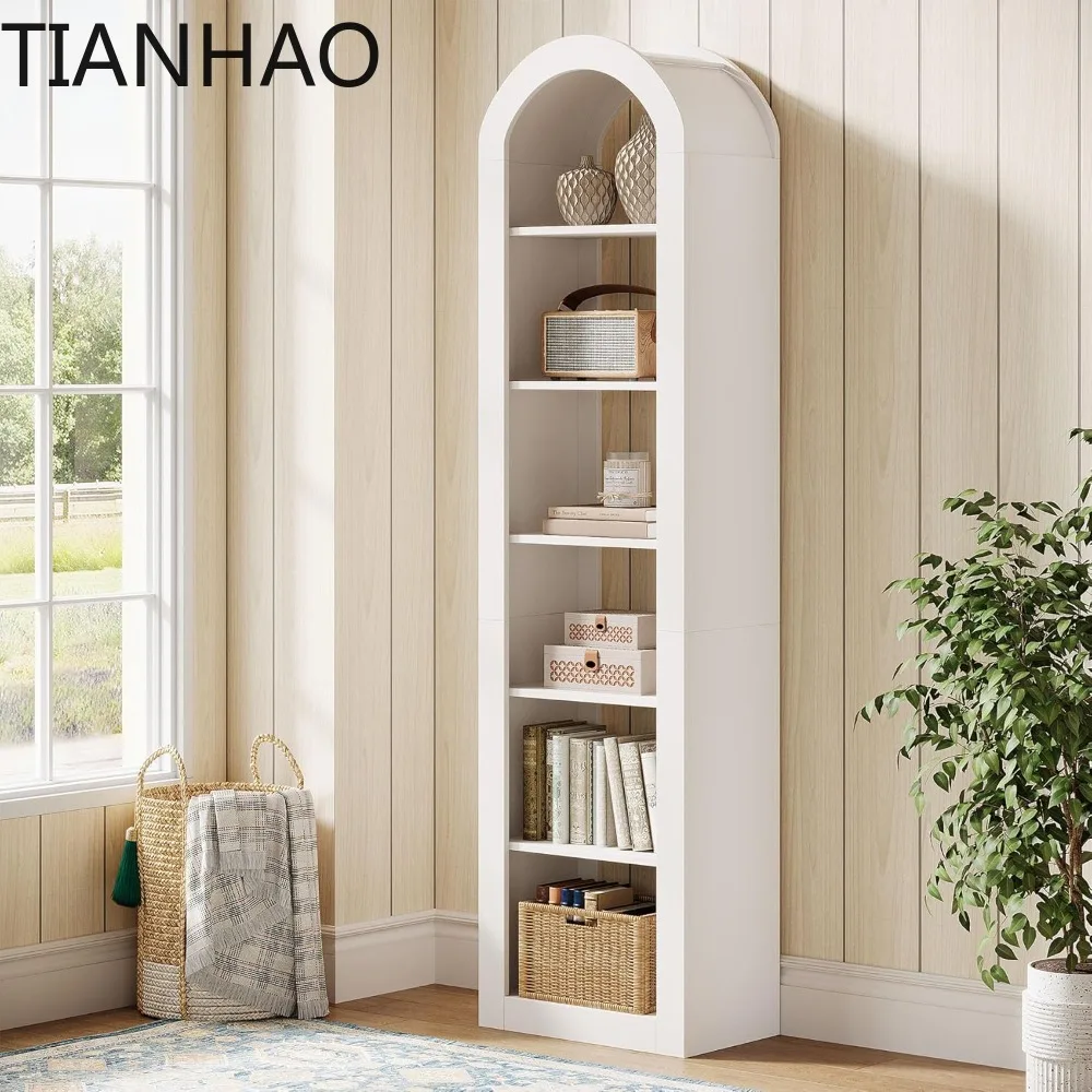 74.8 Tall Arched Bookshelf, 6-Tier Narrow Open Bookcase, Floor Standing Corner Display Shelves Storage Organizer for Small Space