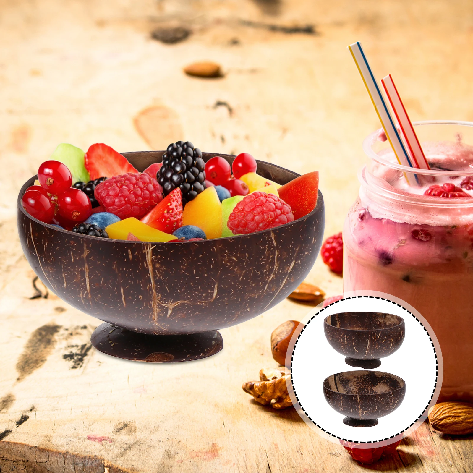 

2pcs Coconut Shell Bowls Wooden Food Serving Salad Dessert Fruit Trays Natural Household Tableware Dried Snacks Platters
