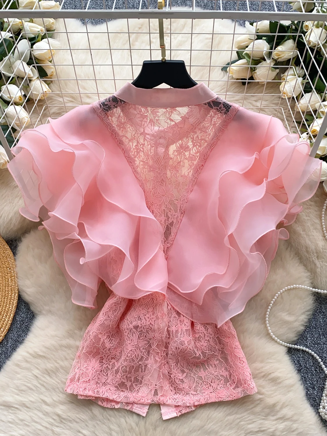 

Ele Lace irt Women's Summer Thin Sle Floral Splicing Blouse Korean Version Loose Fit Regular Sve Length