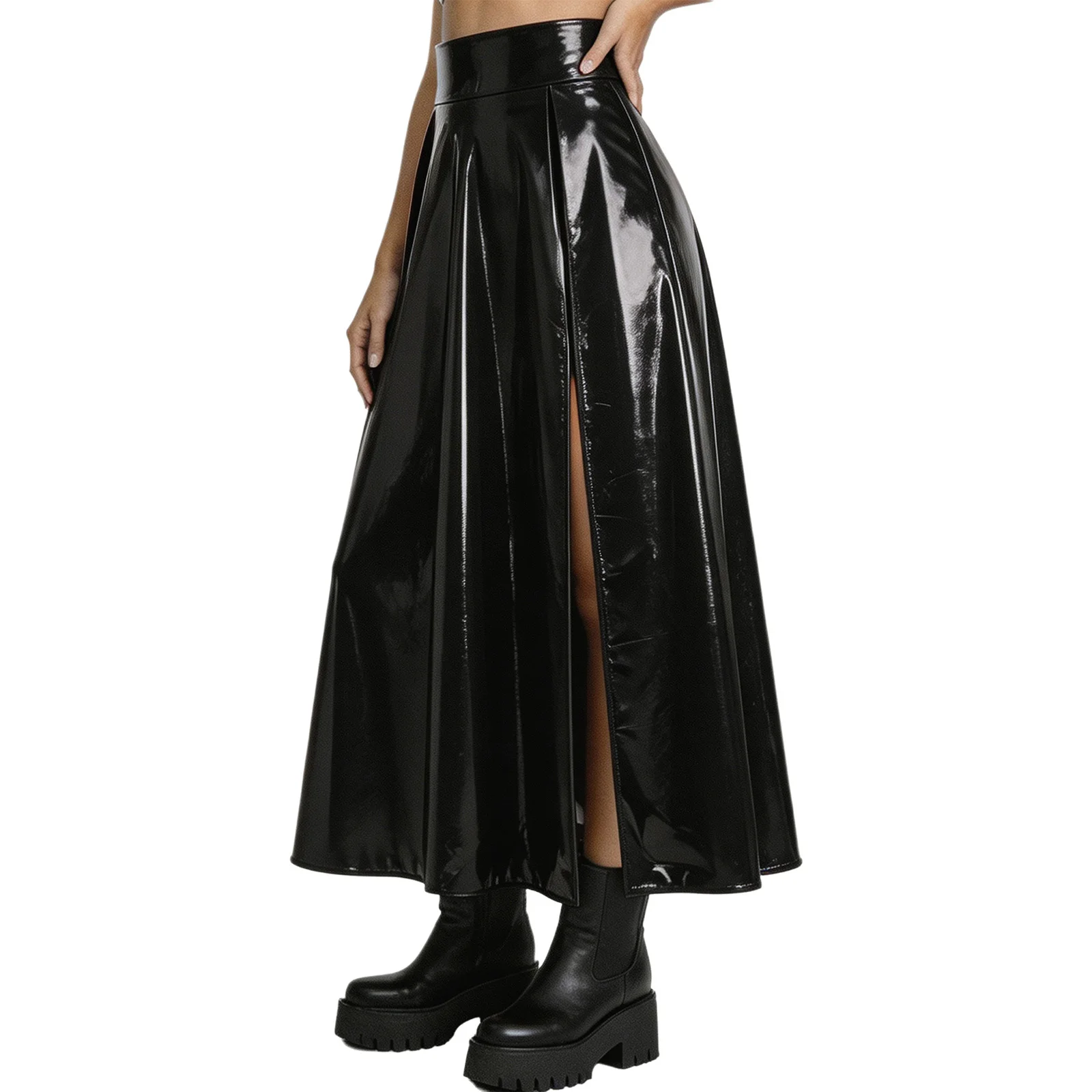 Women's Glossy Patent Leather Long Skirt Clubwear High-waisted High Split Maxi Skirts for Rave Music Festival Party Pole Dance