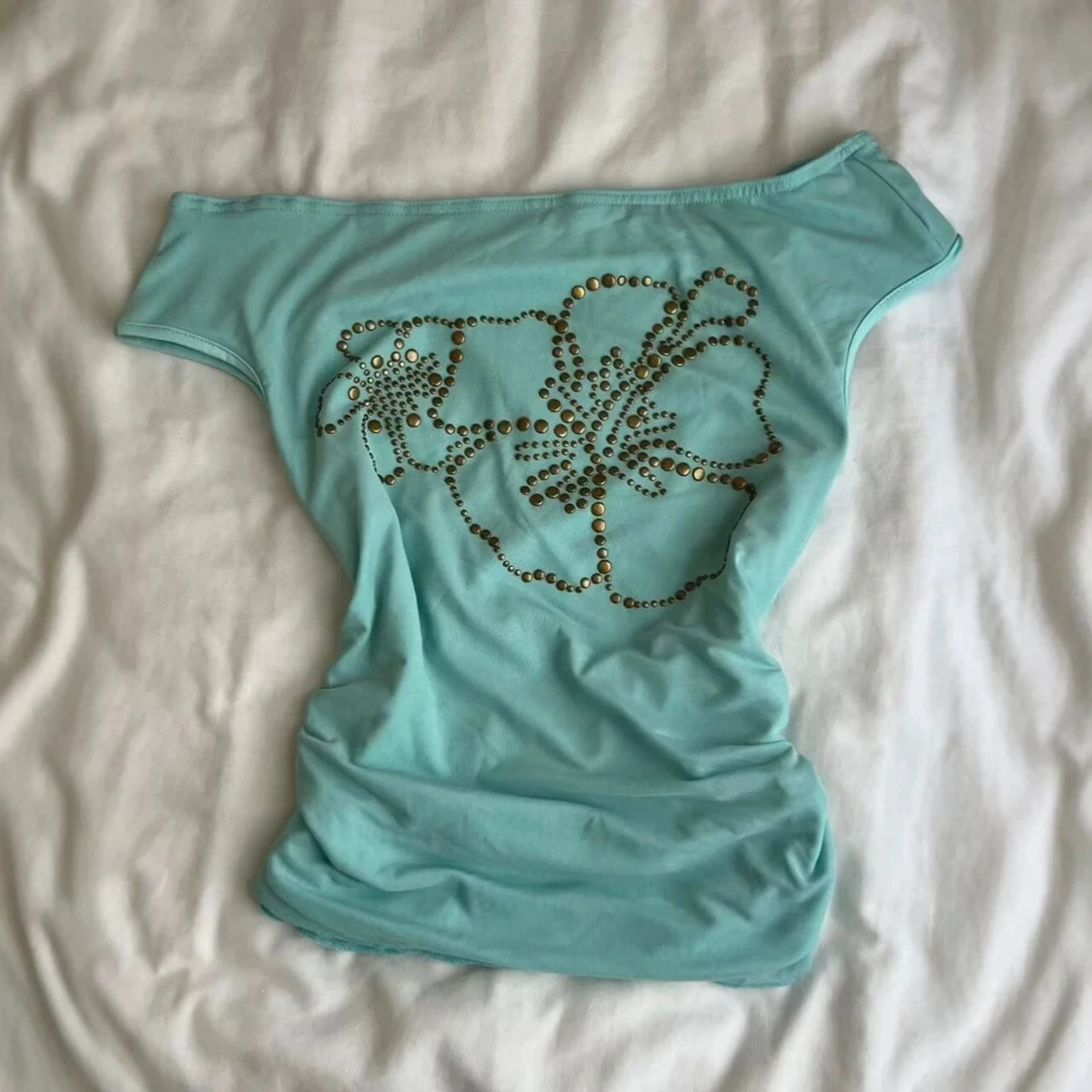 Sommer Y2K Mintgrünes Damen Millennium Schulterfreies Top mit Heißer Diamantblumen-Optik, Dünnem Schnitt und Kurzen Ärmeln im Retro-Stil – Detail 3