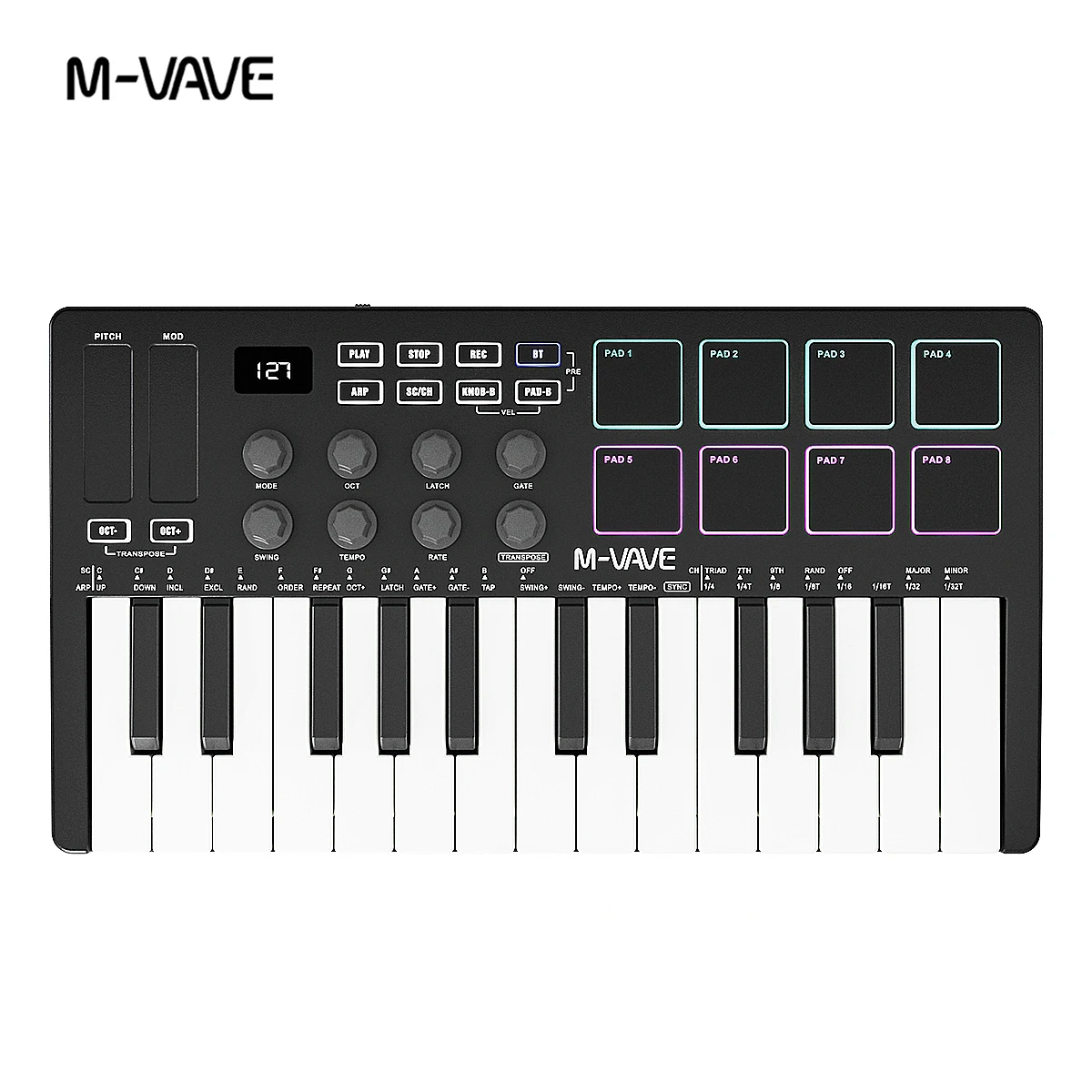 M-VAVE SMK-25 Portable MIDI Keyboard – Black Edition, 25 Keys, 8 Knobs, Capacitive Touch Strips, Arpeggiator, Wireless