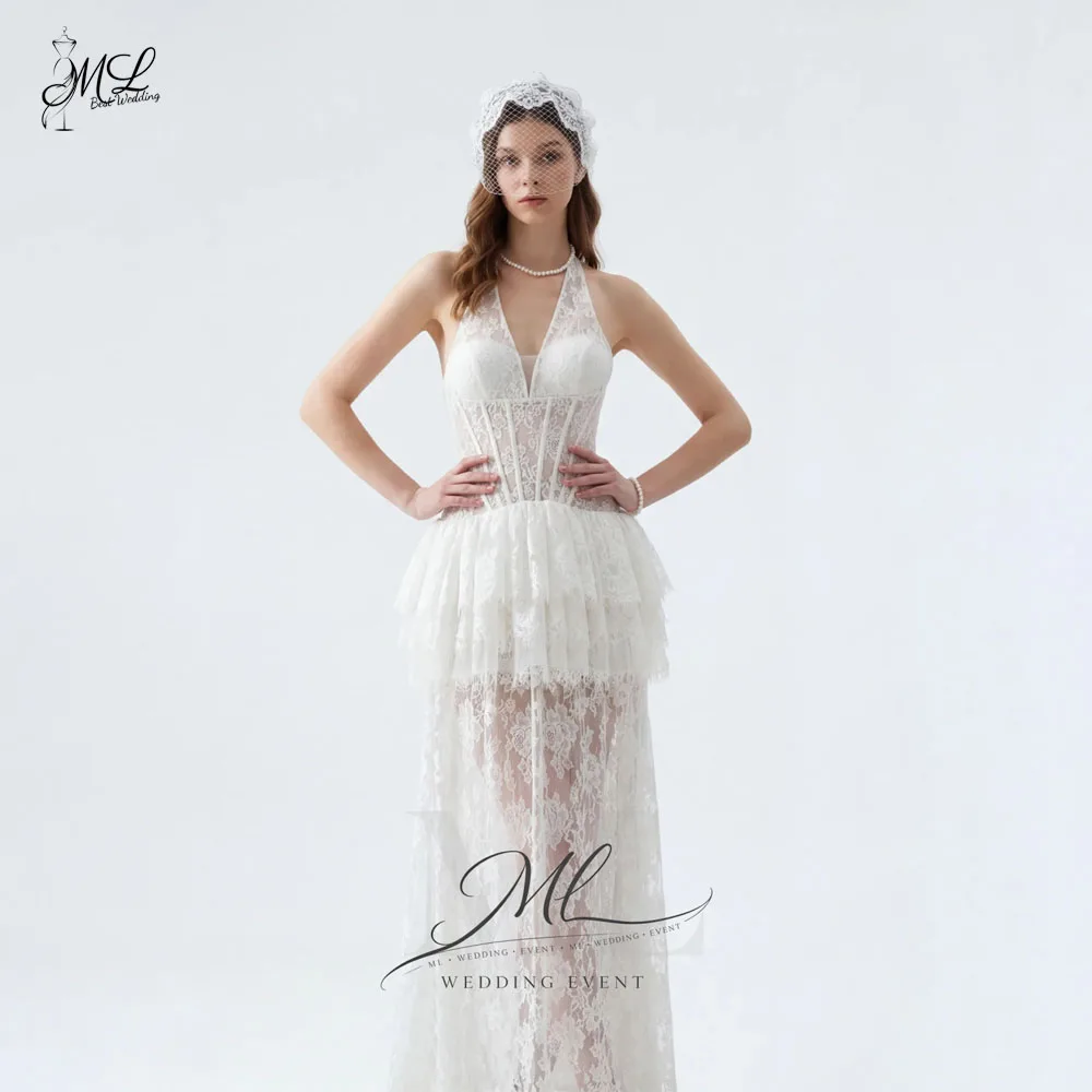 ML Modern Halter 2026 New Arrivals Sleeveless Lace A-Line Wedding Dress Bridal Gown Floor-Length Tiered Vestido De Novia