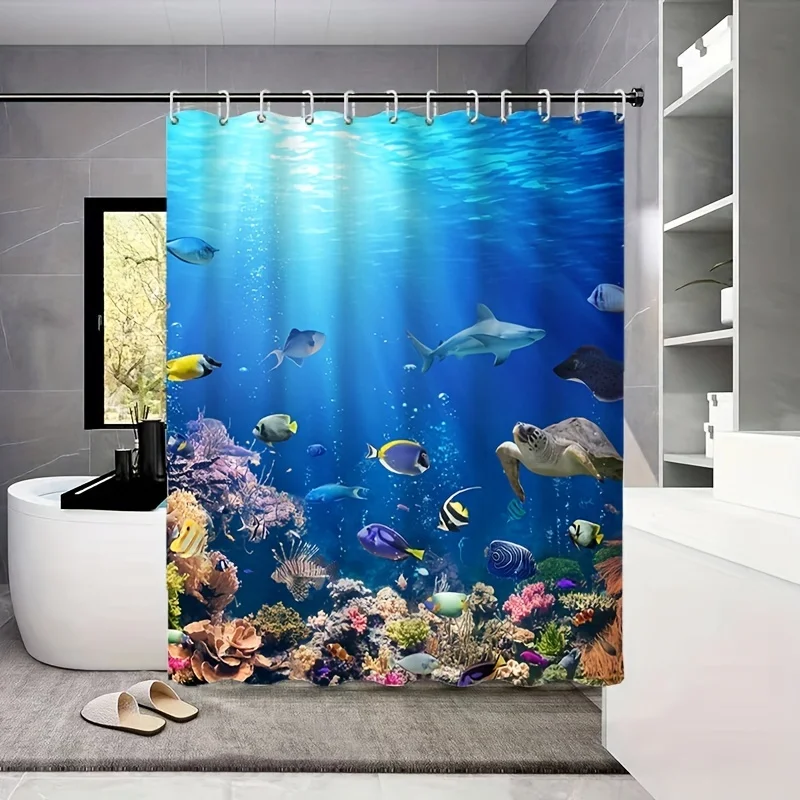 

1pc Vibrant Underwater World Shower Curtain - Digital Printed Polyester, Colorful Marine Life, Includes Hooks, Ocean Theme