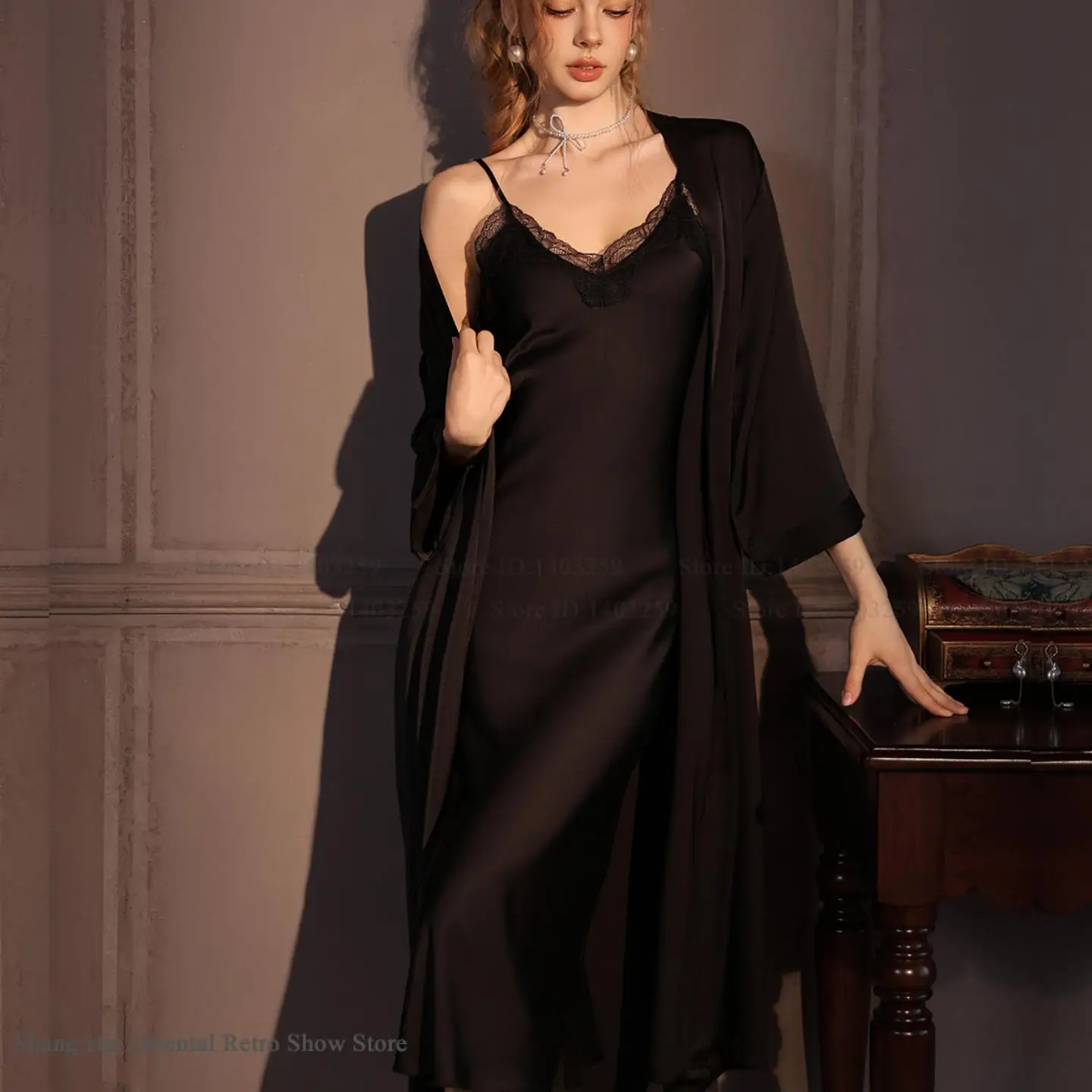 Elegante femminile Twinset Robe Set Lungo Kimono Accappatoio Abito Sexy Camicia da notte in pizzo Lingerie Primavera Autunno Nuovo Sleepwear Abito da casa