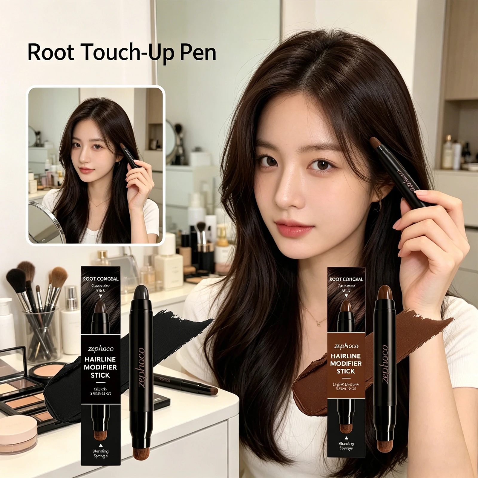 Dual-End Root Touch-Up Concealer Pen Natural Powder Long Lasting Hairline Temporary White Hair Cover Concealer Hairline Powder