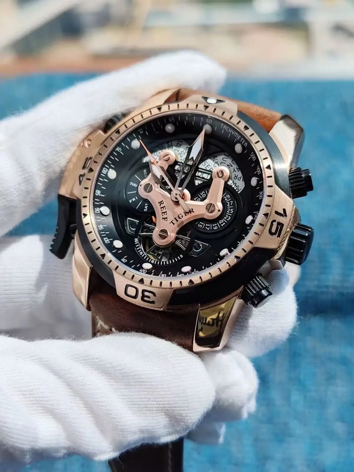 ساعة ميكانيكية للرجال من ريفتايجر، أوتوماتيكية بالكامل متعددة الوظائف بتقويم مزدوج، ساعة رجال الأعمال، ساعة رجالية RGA3503