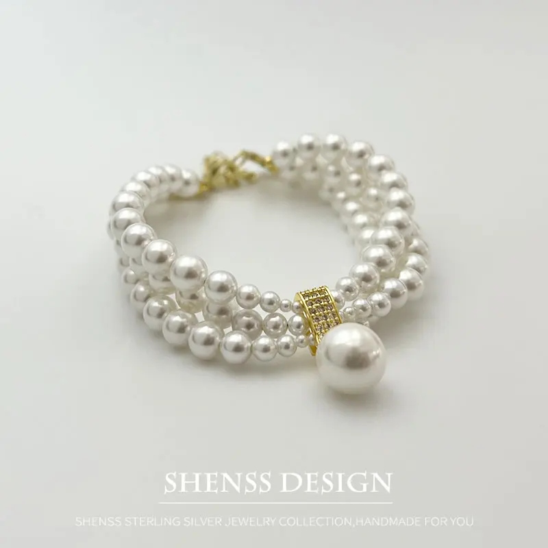 

Imitation Pearl Pendant Bracelet 6mm Three-Layer Bracelet Copper Plated 14k Gold Accessory