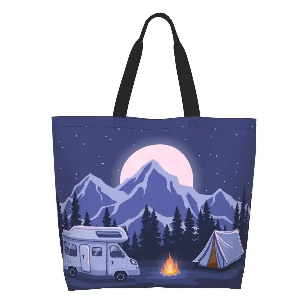 

Cute Happy Camper Shopping Tote Bags Reusable Camping Life Canvas Grocery Shoulder Shopper Bag