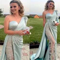 Elegant Mint Green Evening Gown One Shoulder Long Sleeve Crystal Beaded Lace Prom Party Dress Plus Size Formal Ocn Clothing