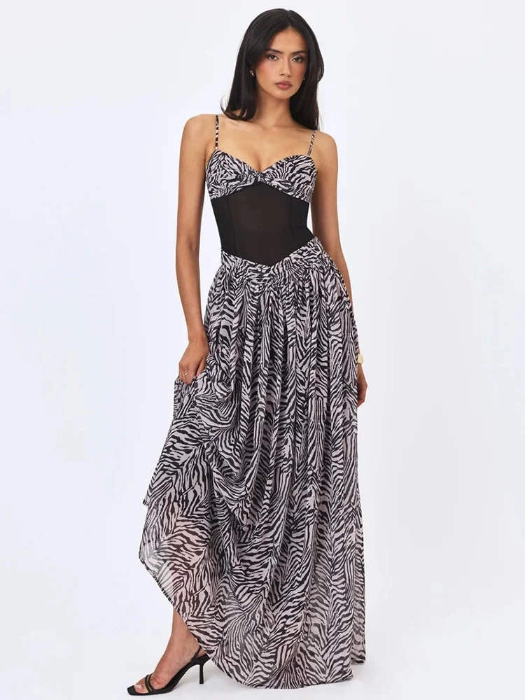 Mozision Women Zebra Print Spaghetti Strap Sexy Maxi Dress Mesh Patchwork Sweetheart Neck Sleeveless High Waist Long Party Dress