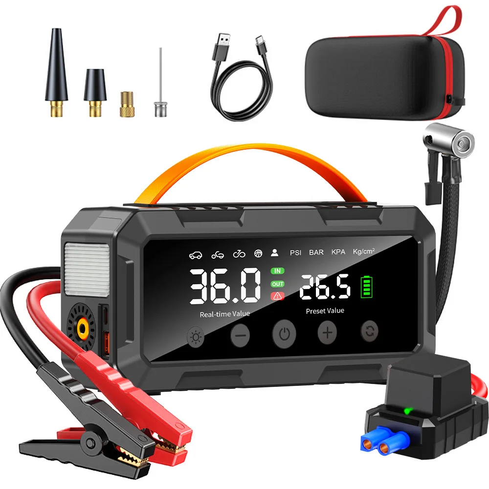 10000a Amp Dual 25mm Cylinder 200psi Smart Car 12v Battery Booster Auto Tire Super Compressor Air Pump Power Bank Jump Starter