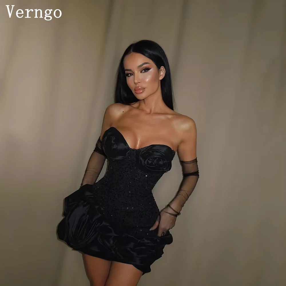 

Verngo Black Satin Mini Party Dress Sweetheart A Line Ball Pleated Short Cocktail Dresses Sexy Prom Party Gowns Customized