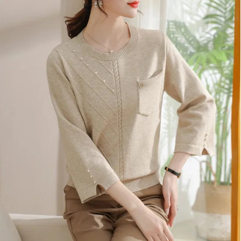 Elegante Chic in rilievo O collo manica a tre quarti maglieria in seta di ghiaccio donna primavera estate moda Pullover solido sciolto top lavorati a maglia