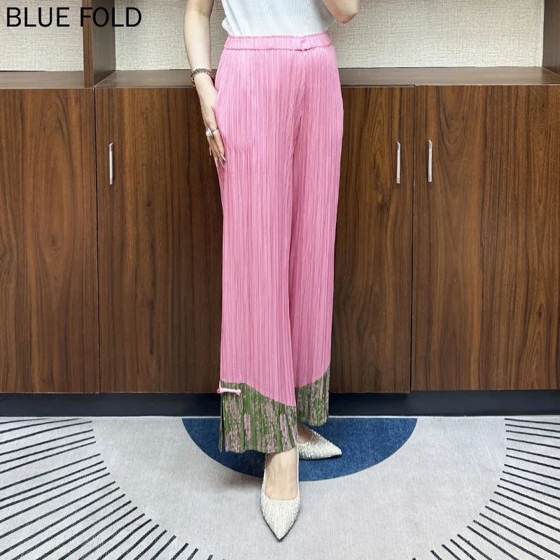 MIYAKE-Pleated Wide Leg Pants for Women, Fashionable Casual Pants, Striped Straight Leg, Loose Style, Summer