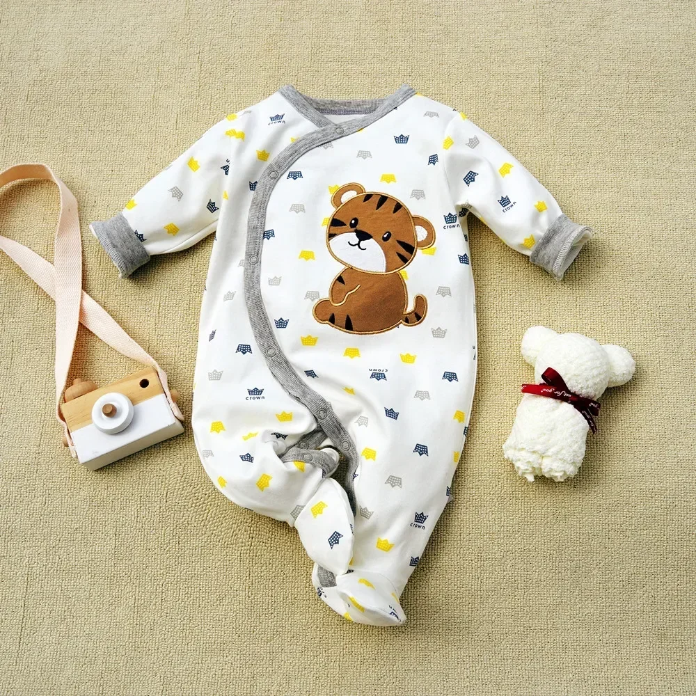 3-12M Spring Autumn Baby boy romper print long sleeve Footies Infants romper Cartoon Embroidered tiger baby underwear