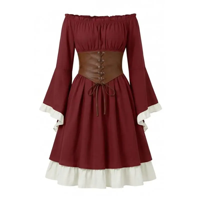 Medieval Renaissance Midi Dress Women Pirate Cosplay Costume Off Shoulder Long Flare Sleeve Corset Waist Vintage Gothic Outfit - view 4