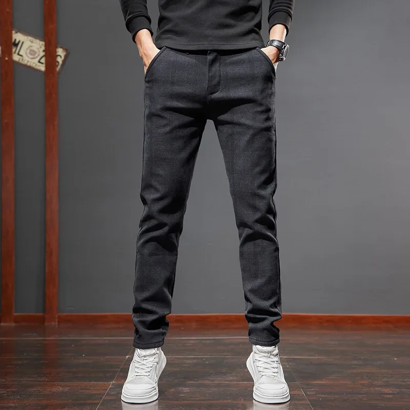 AutumnsandingPlaidCasualMenPants Korean Style Slim Fit Fleece Lined And Thickened Straight Leg Winter Pants