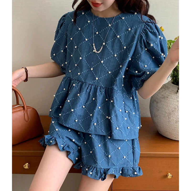 

Шикарные круглые джинсы Ne Heavy Embellied Bubble Sve irt с высокой талией и широкими штанинами, джинсовый комплект, женский модный летний комплект