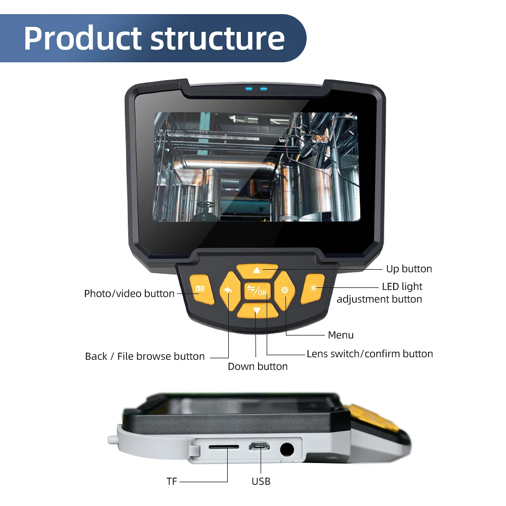 Industrial Endoscope 3.9mm Camera1080P HD Borescope Inspection Camera 4.3” IPS Screen 6 LED Lights Semi-Rigid Cable IP68 Waterpr