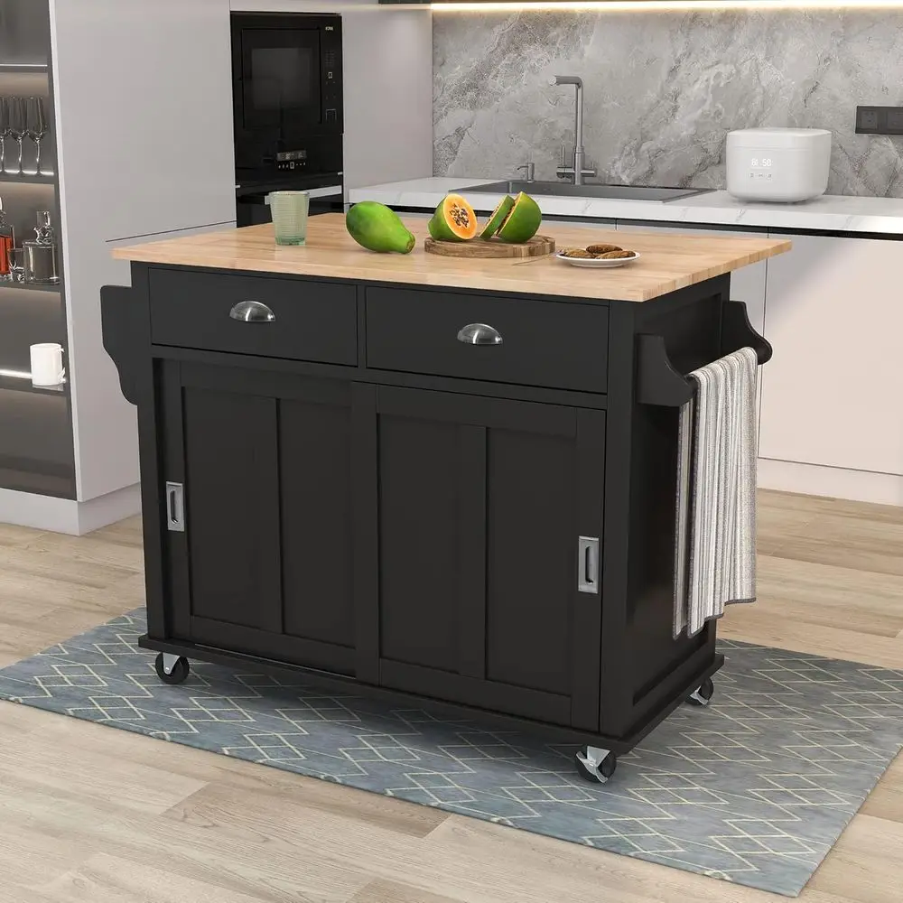 

Adjustable Height Kitchen Island Cart with Rubberwood Top, Storage Cabinet, 2 Drawers, and Lockable Wheels in Black